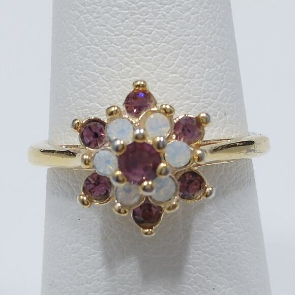 Vintage 1970s Gold Plated Purple Rhinestone Opal Cocktail Ring 18K HGE Sz 5¼ - Picture 4 of 10